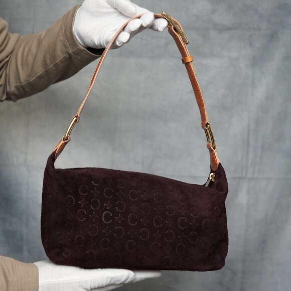 Celine Macadam Bordeaux Suede Handbag – Brown Leather Handle - Picture 4 of 15